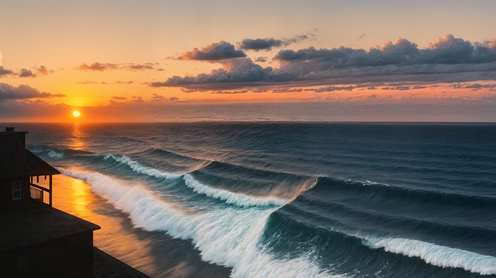 Oceanside Cabin at Sundown with Crashing Waves