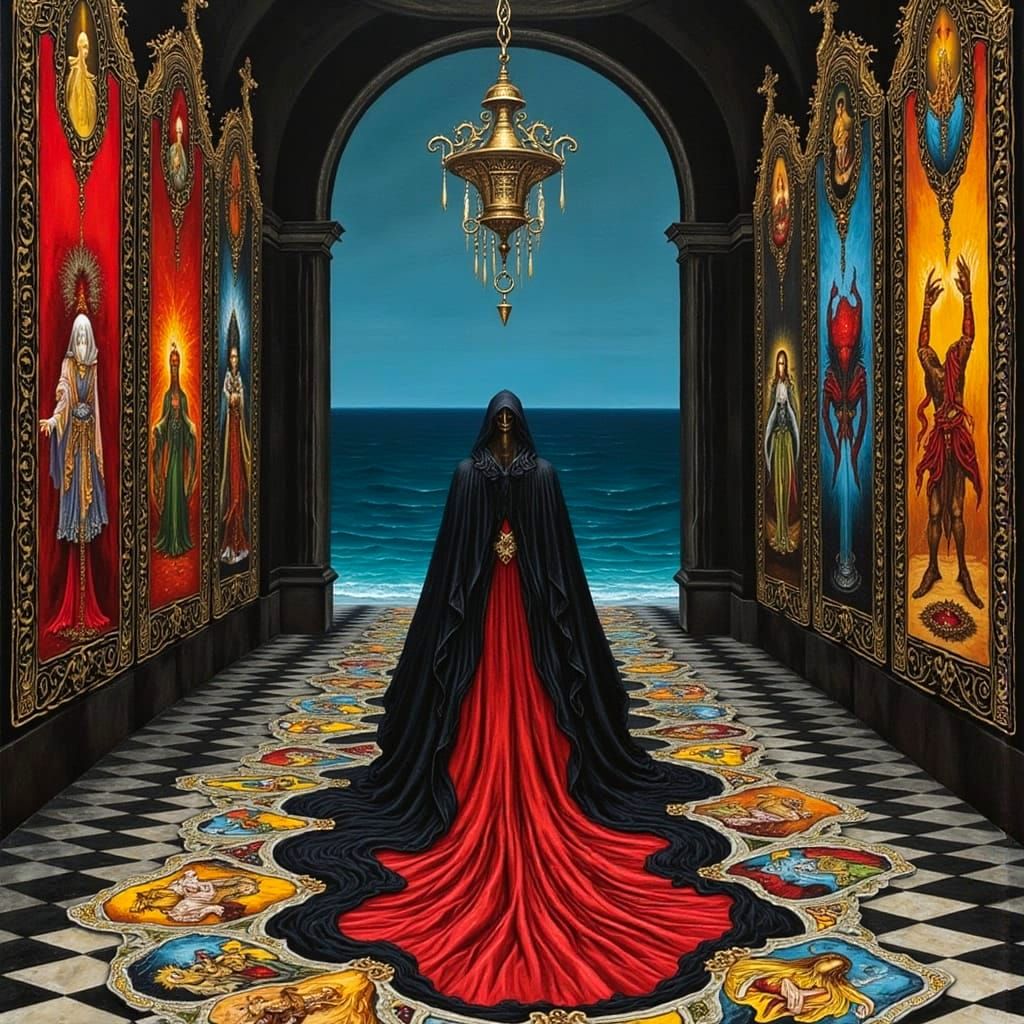 Esoteric Tarot Reader in Dark Oil Paint Style