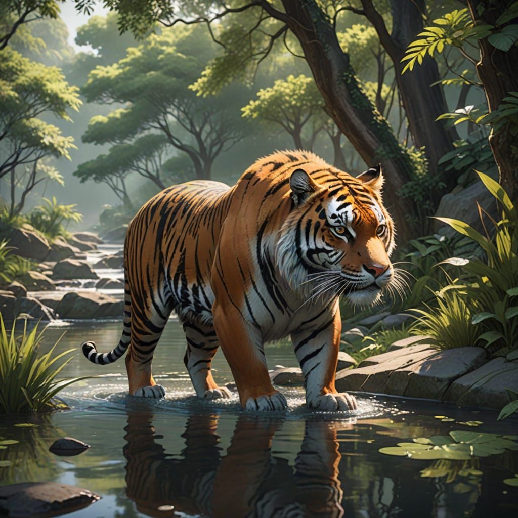 A Tiger in Serene Riverbank Oasis