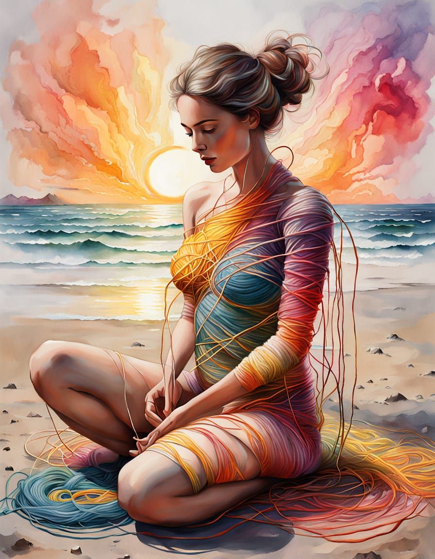 Woman Knits Herself Into Existence with Yarn