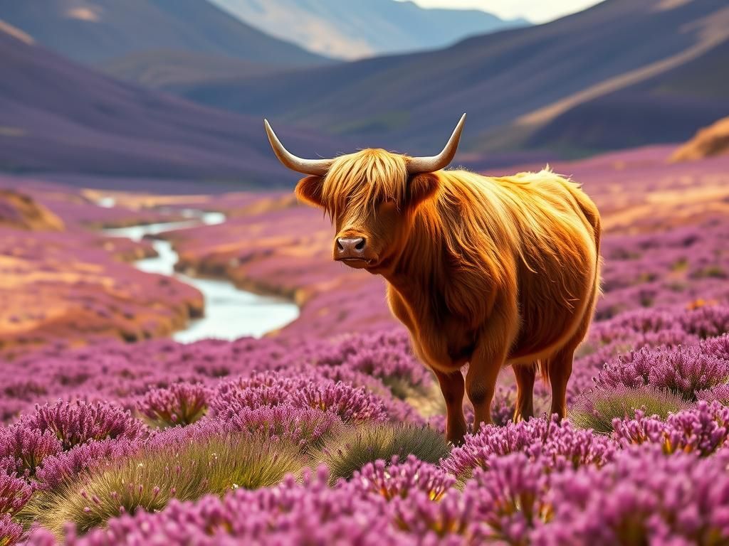 Highland Cow in Purple Heather Valley, Durand Style