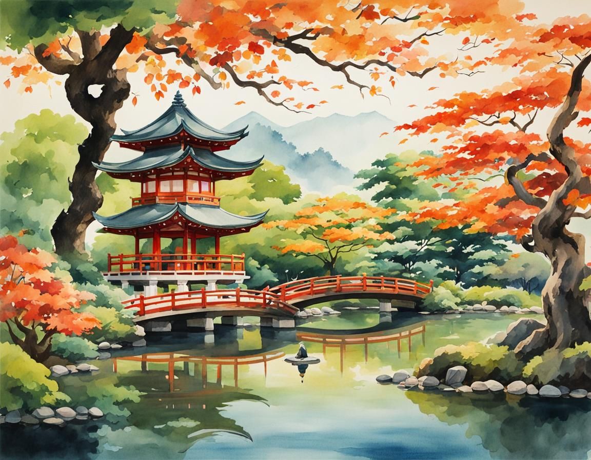 Serene Japanese Garden in Watercolour Style