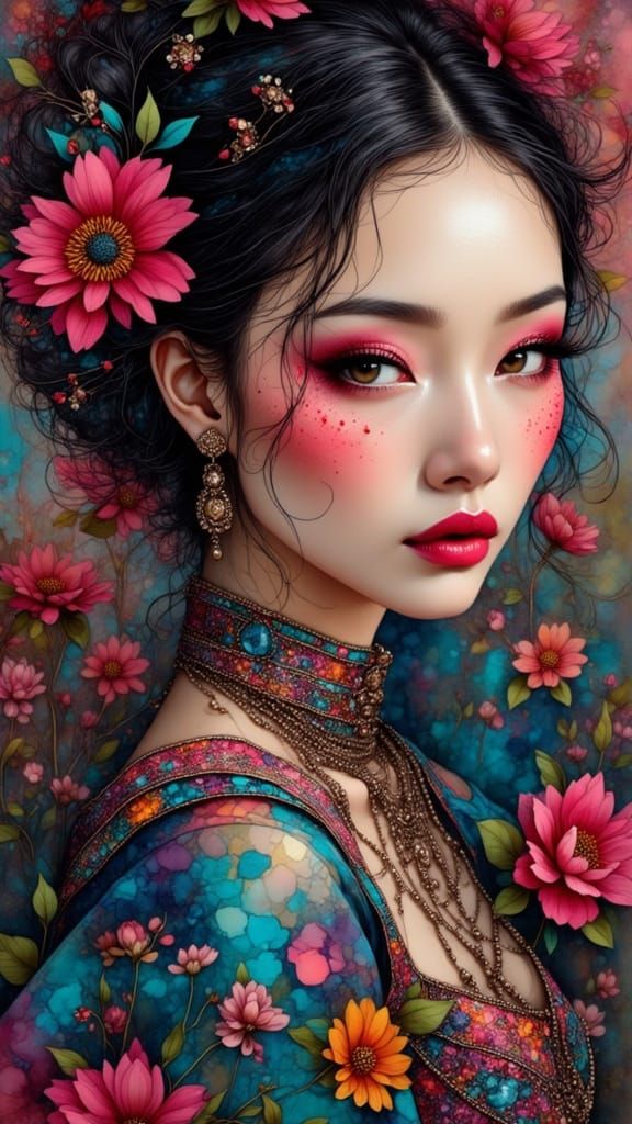 Hyperrealistic Portrait of Asian Woman in Colorful Clothing