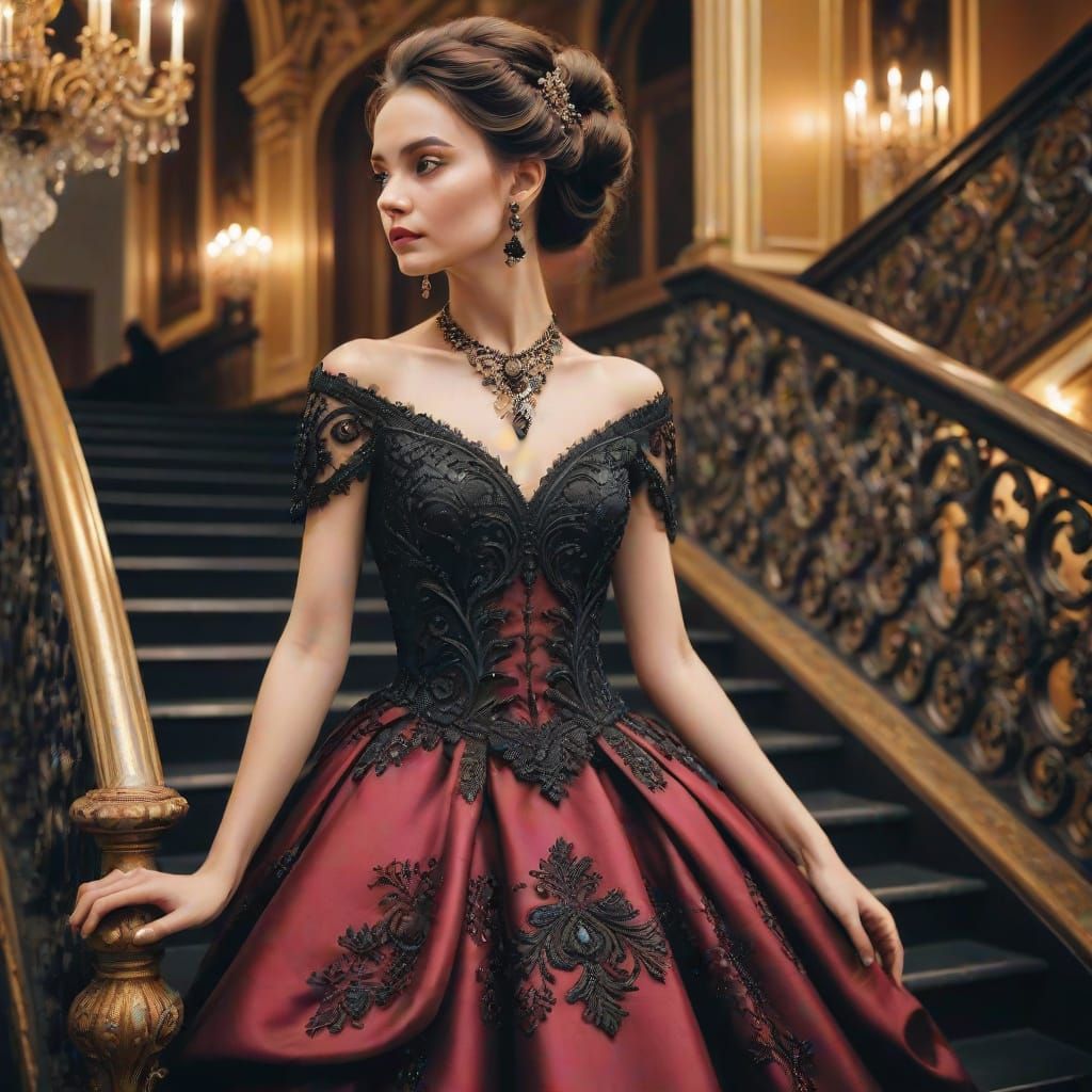 Baroque Woman Descends Grand Ballroom Staircase