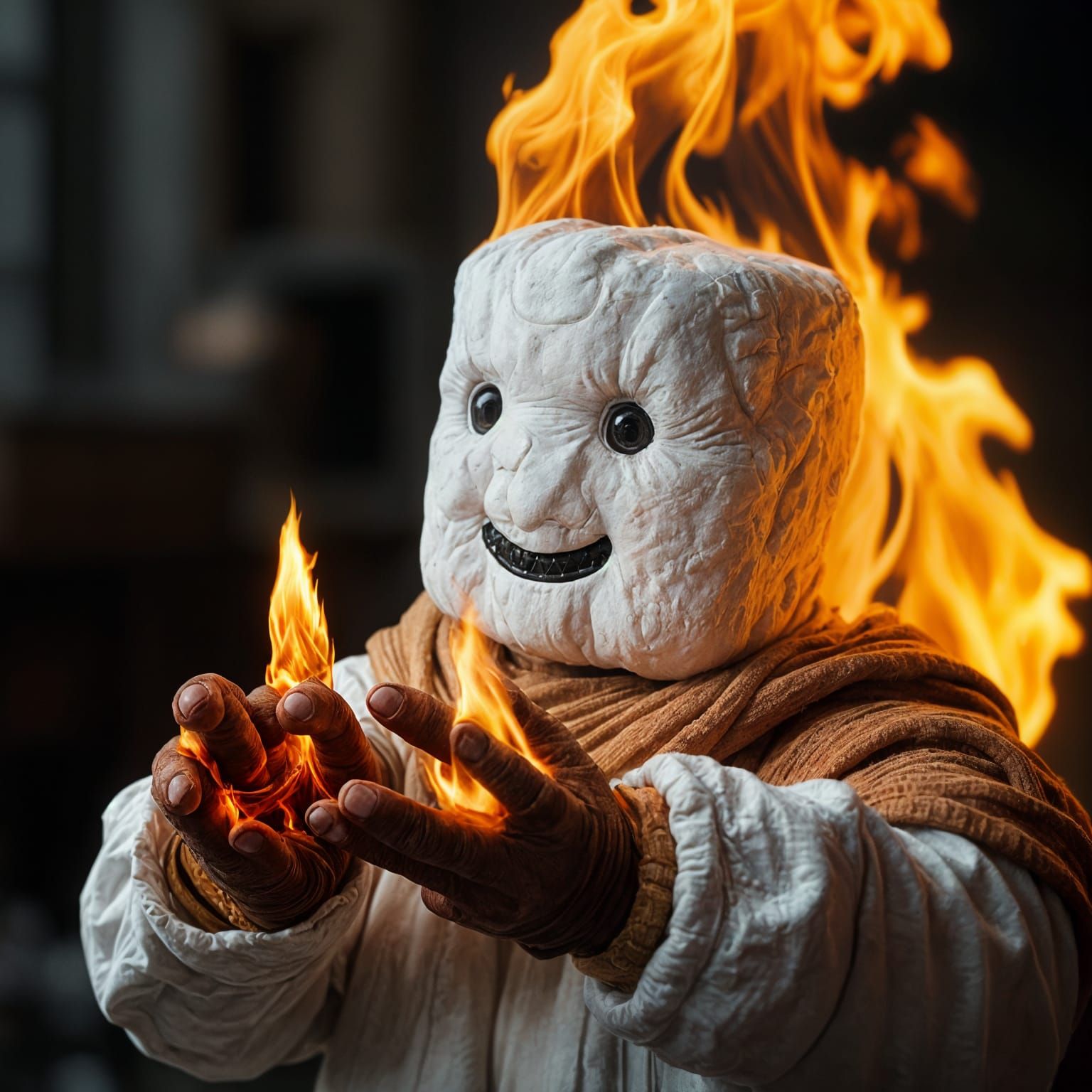 Ultra-Realistic Marshmallow Man with Flaming Cloths