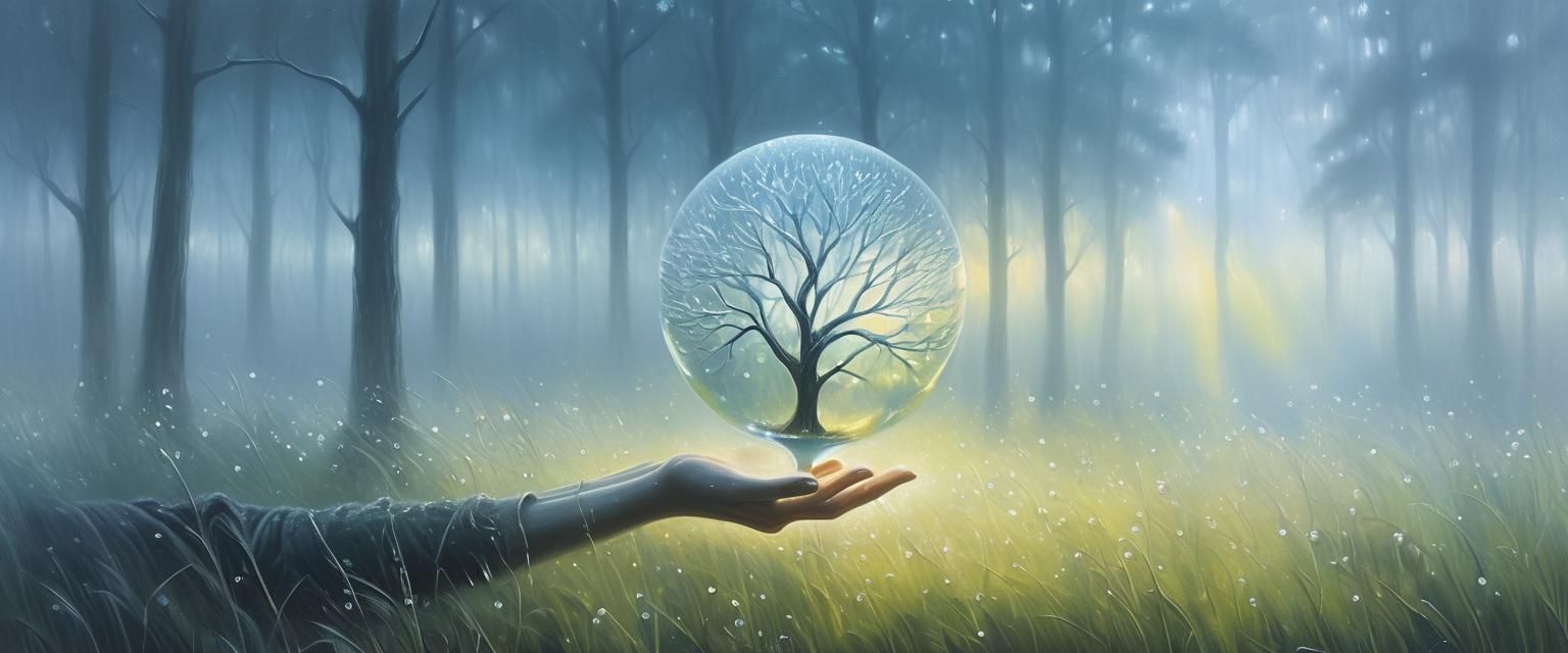 Glass Tree in Misty Clearing: Ethereal Oil Painting