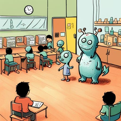 a little alien monster in his kindergarten classroom for his first day of school, by artist Kim Jung Gi and Studio Ghibl...