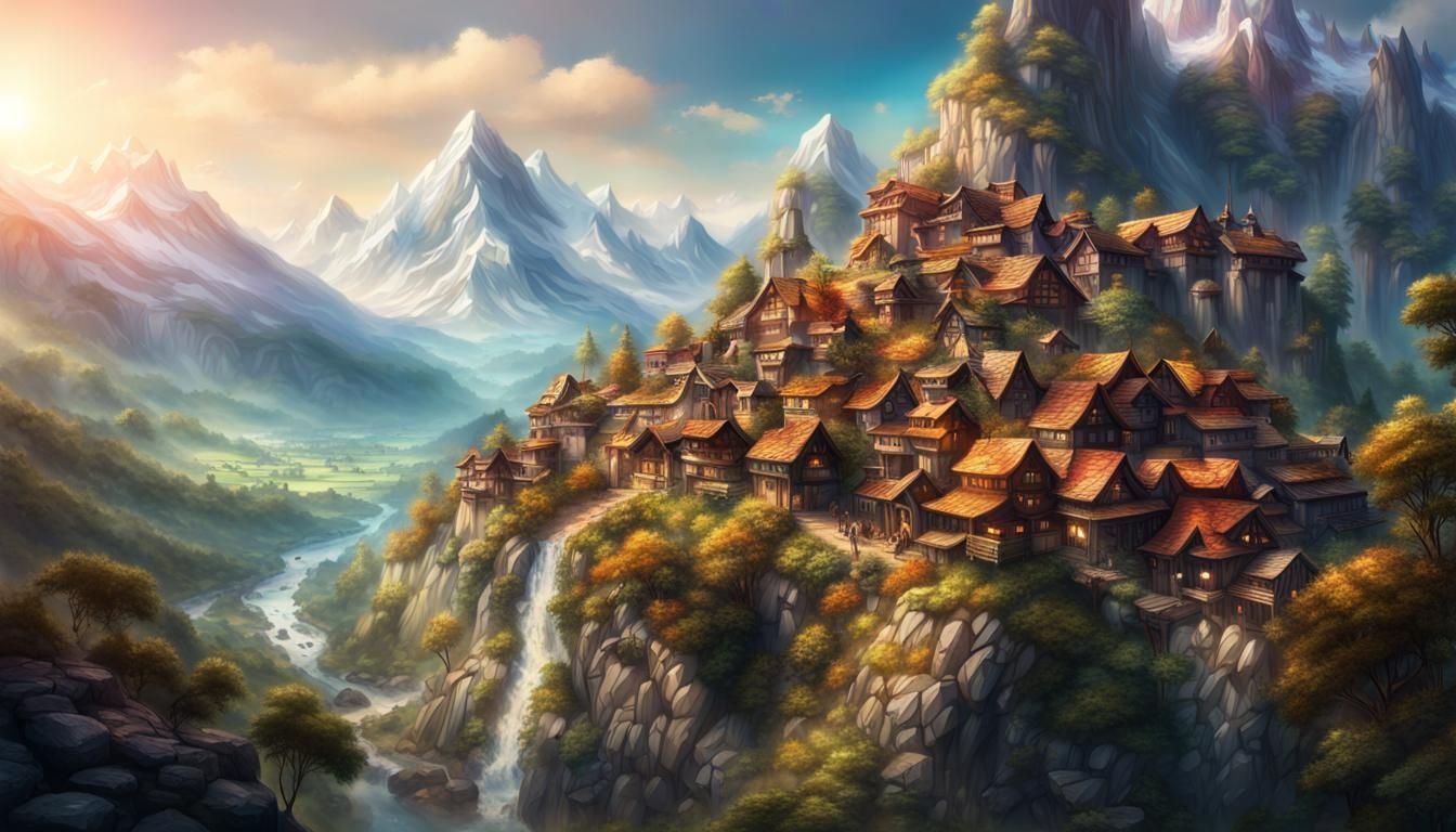 Fantasy Mountain Village in Hyperrealistic Style
