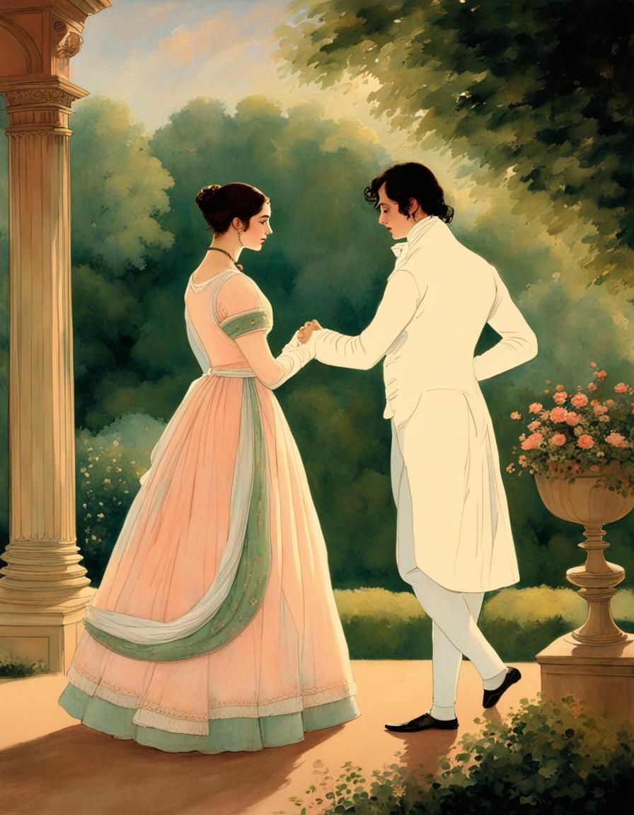 16k resolution, art by Abdur-Rahman Chughtai, Pride and Prejudice, Regency era romance, Elizabeth Bennet in a lush Engli...