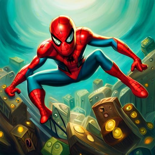 Underwater Spiderman Superhero in Mark Ryden Style