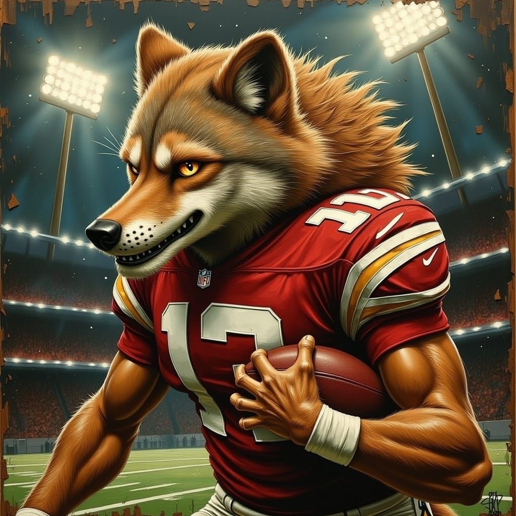 <lora:Asperam Coelo:1.0> wood panel, naïve art, craquelure :: A werewolf quarterback mid-transformation, fur bursting th...