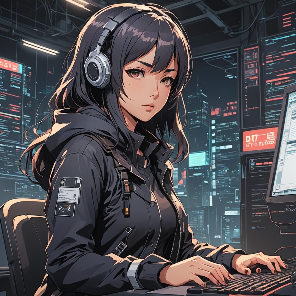 Girl Hacker in Anime Manga Style