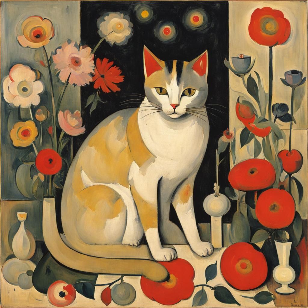 Cute Cat Surrounded by Flowers in Dadaist Style