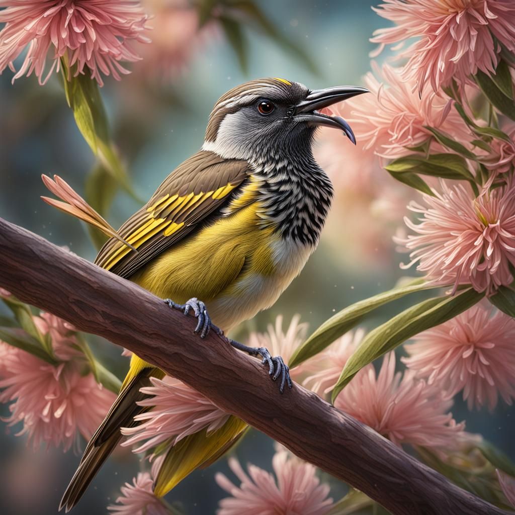 Honeyeater at a Bloom in Hyperreal Detail
