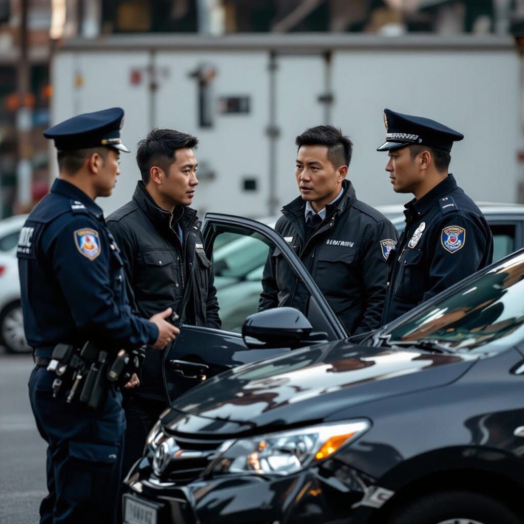 Car Accident Scene with Driver and Police in Photojournalist...