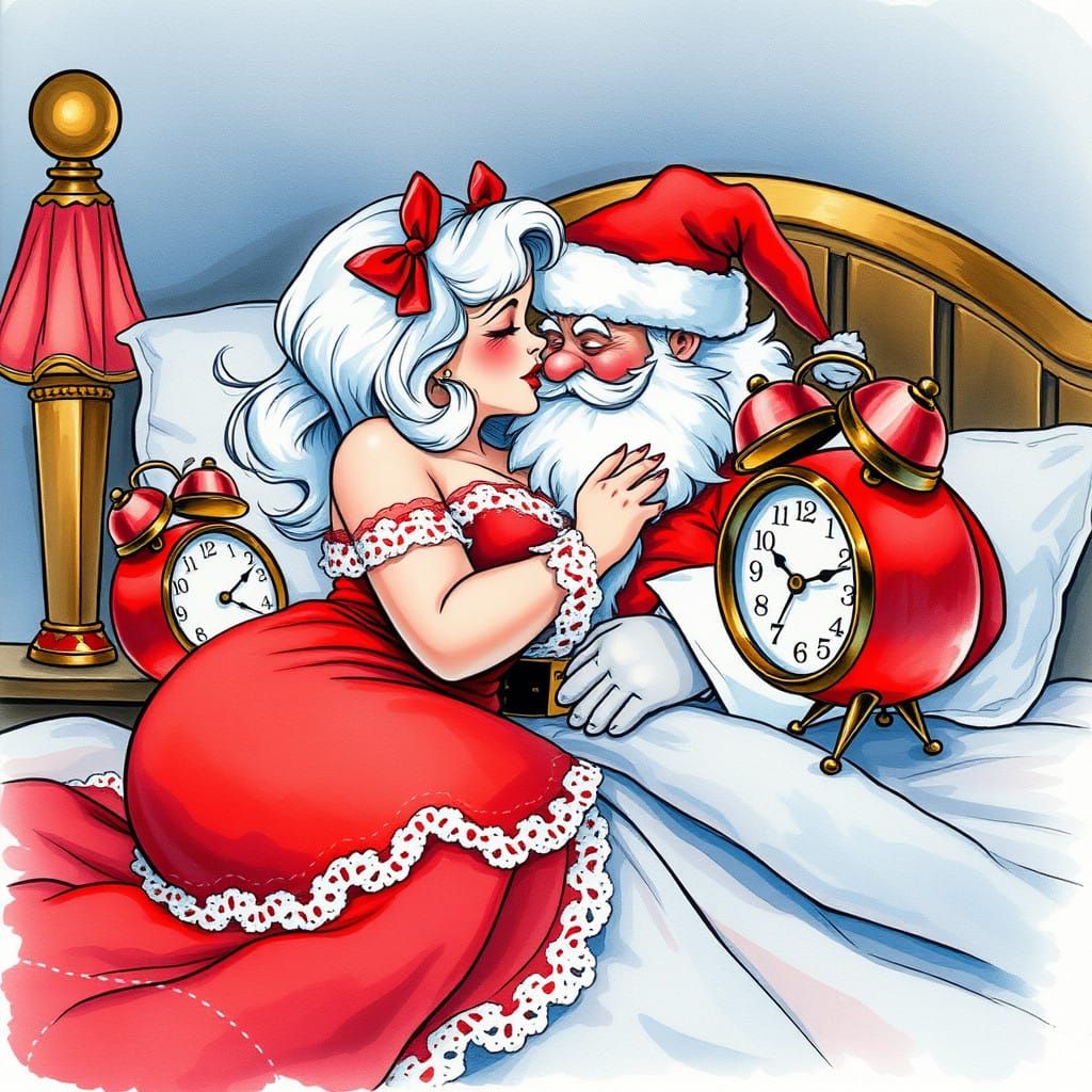 Pin-Up Style Santa Claus and Mrs. Claus in Cozy Bedtime Scen...