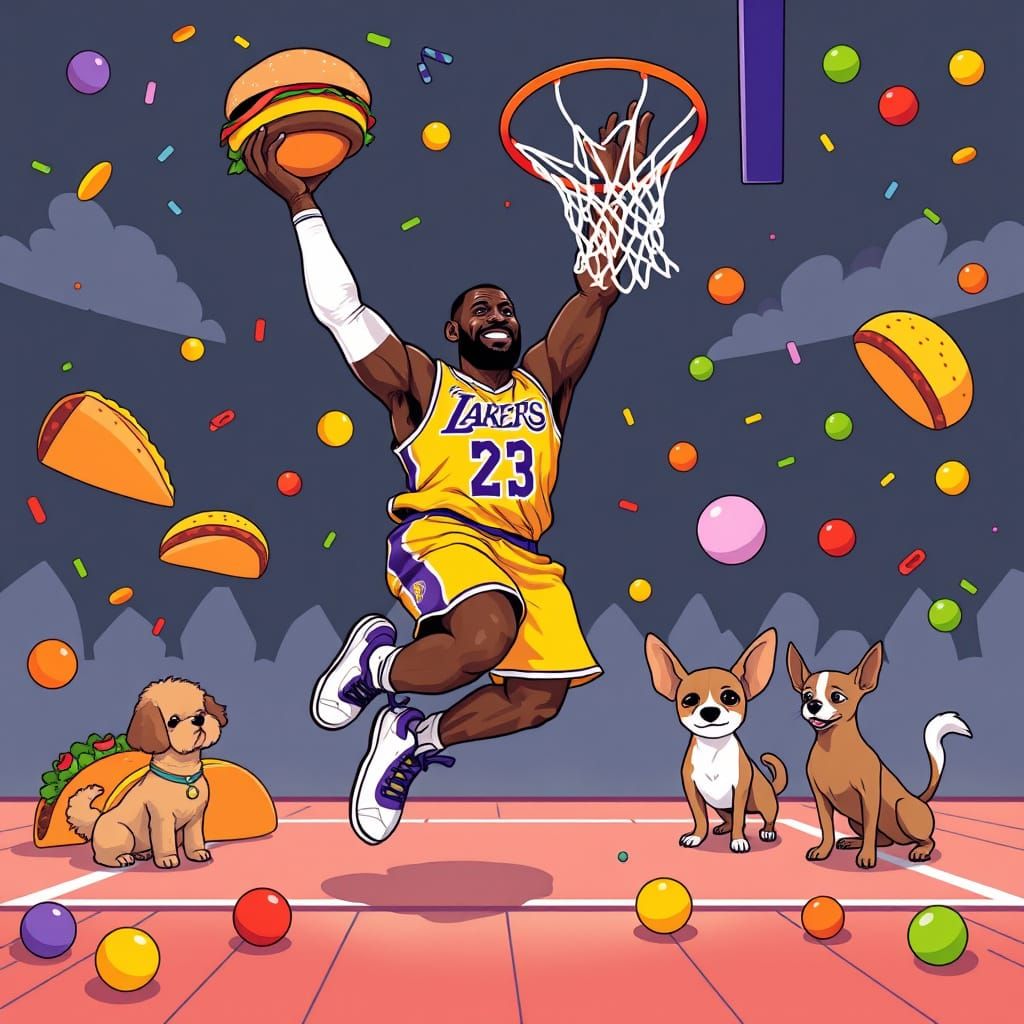 Vibrant LeBron Dunk Scene with Whimsical Food and Pets