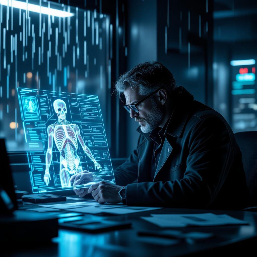 Neo-Noir Detective Examines Holographic Crime Scene