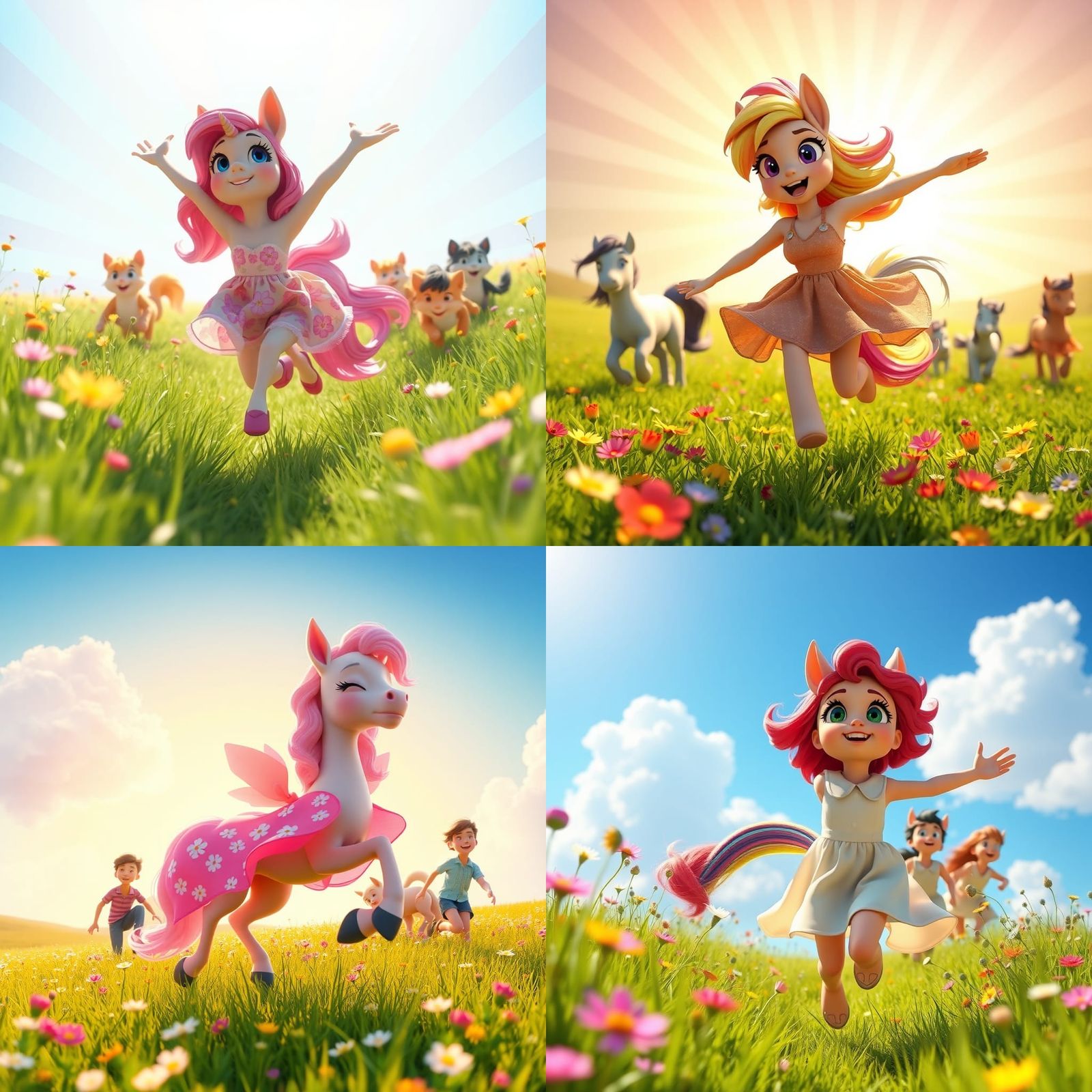 Joyful Pony Girl in Flower Field: 3D Digital Art
