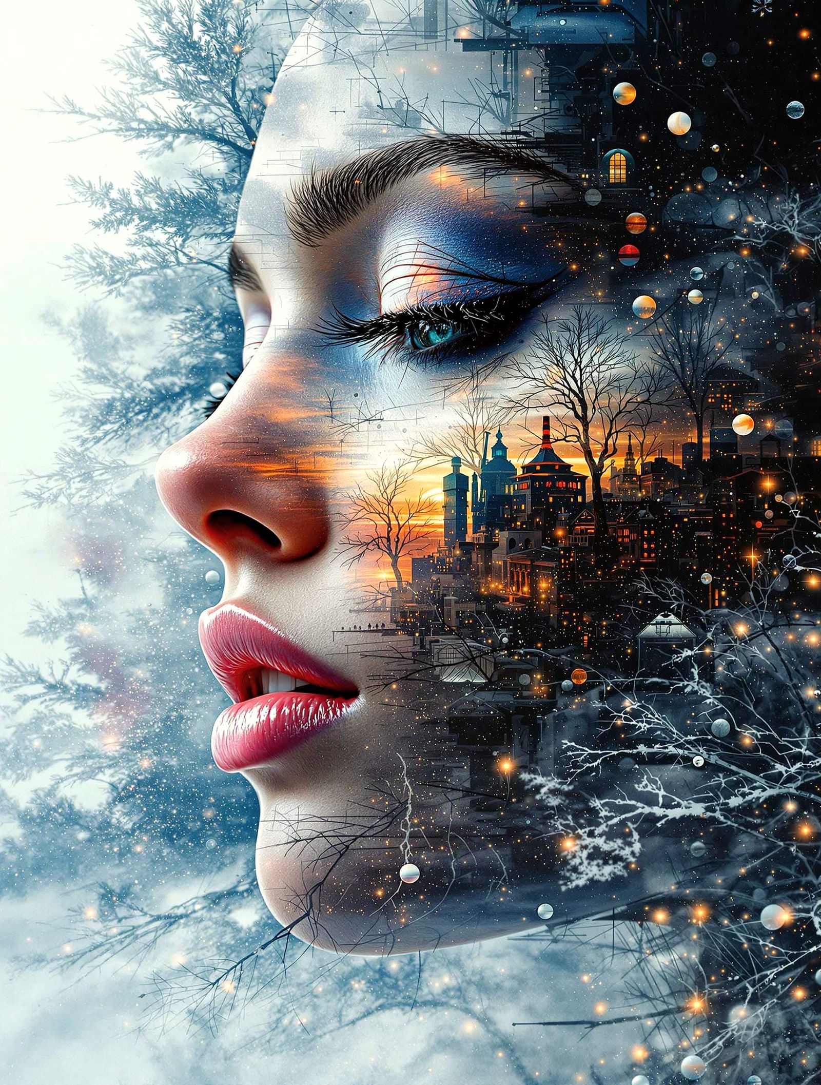 Winter Face in Hyperrealistic Double Exposure Portrait
