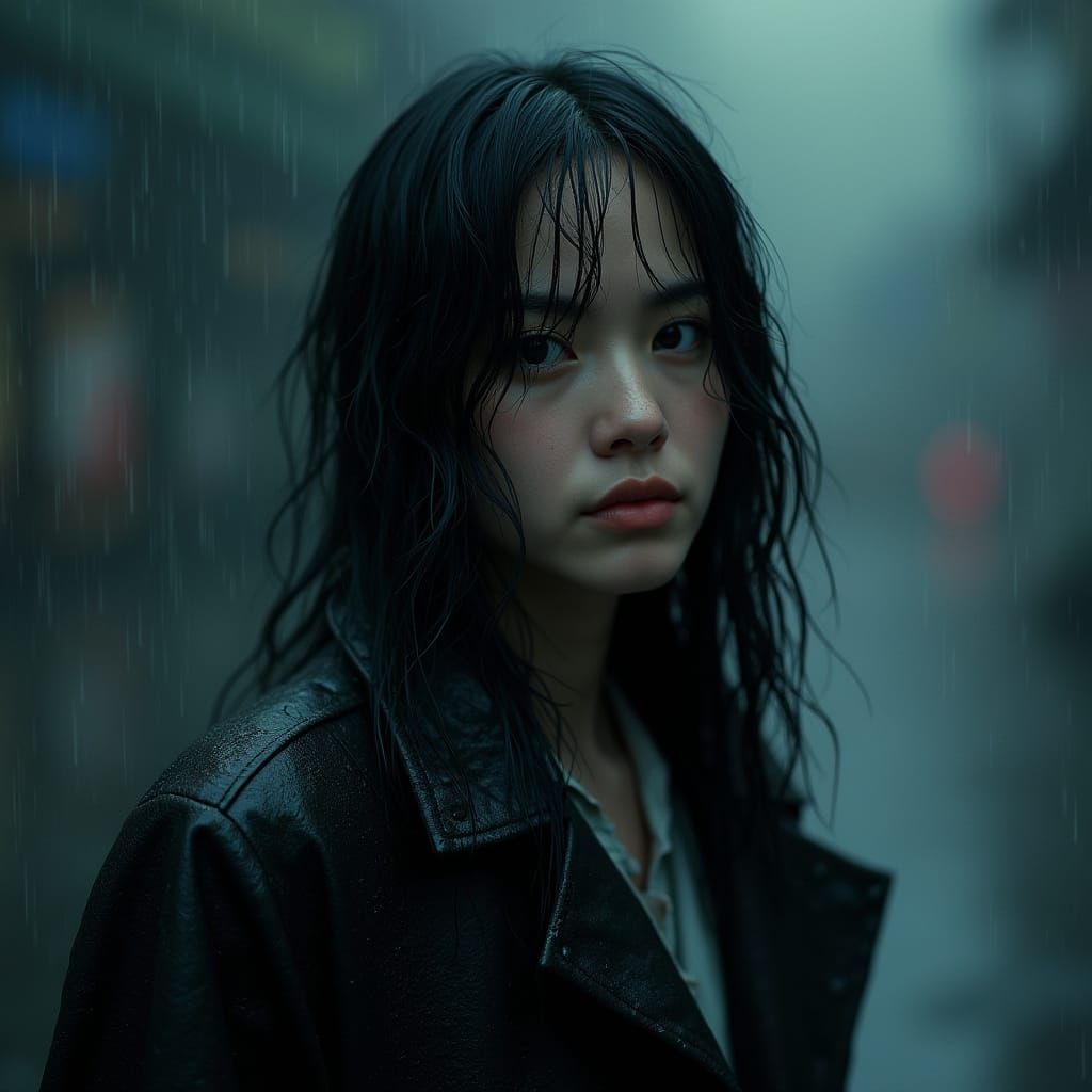Woman in Rain: Hyperrealistic Cinematic Portrait
