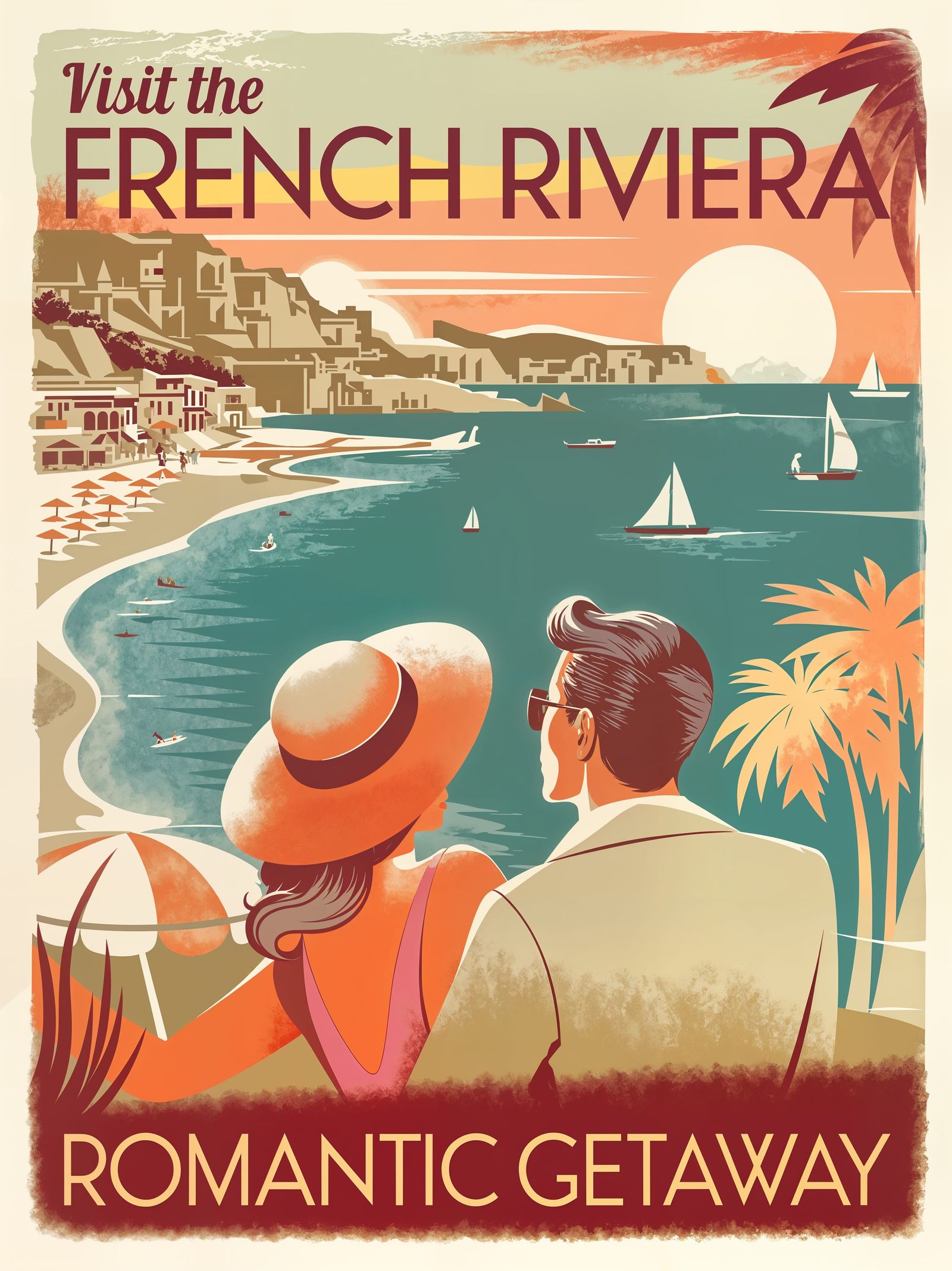 French Riviera Vintage Travel Poster: Romantic Sunset