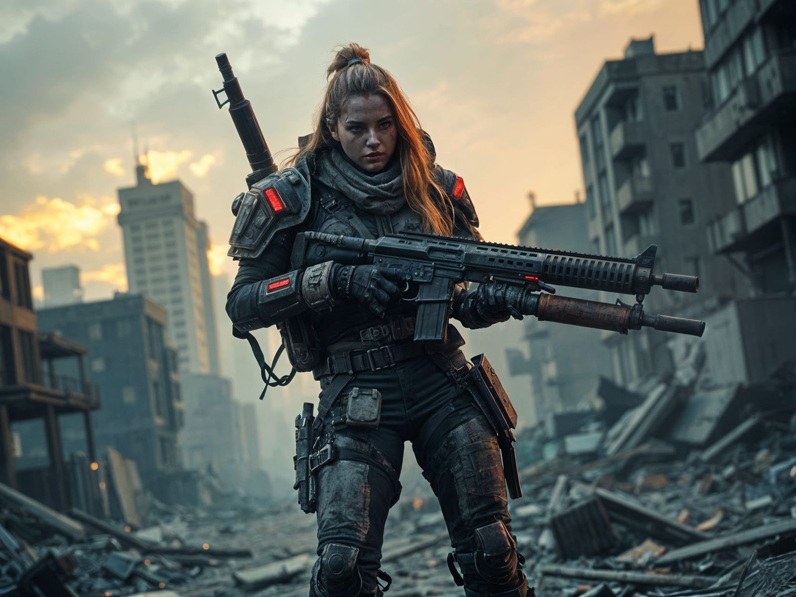 Cyberpunk Warrior Patrolling Apocalyptic Cityscape