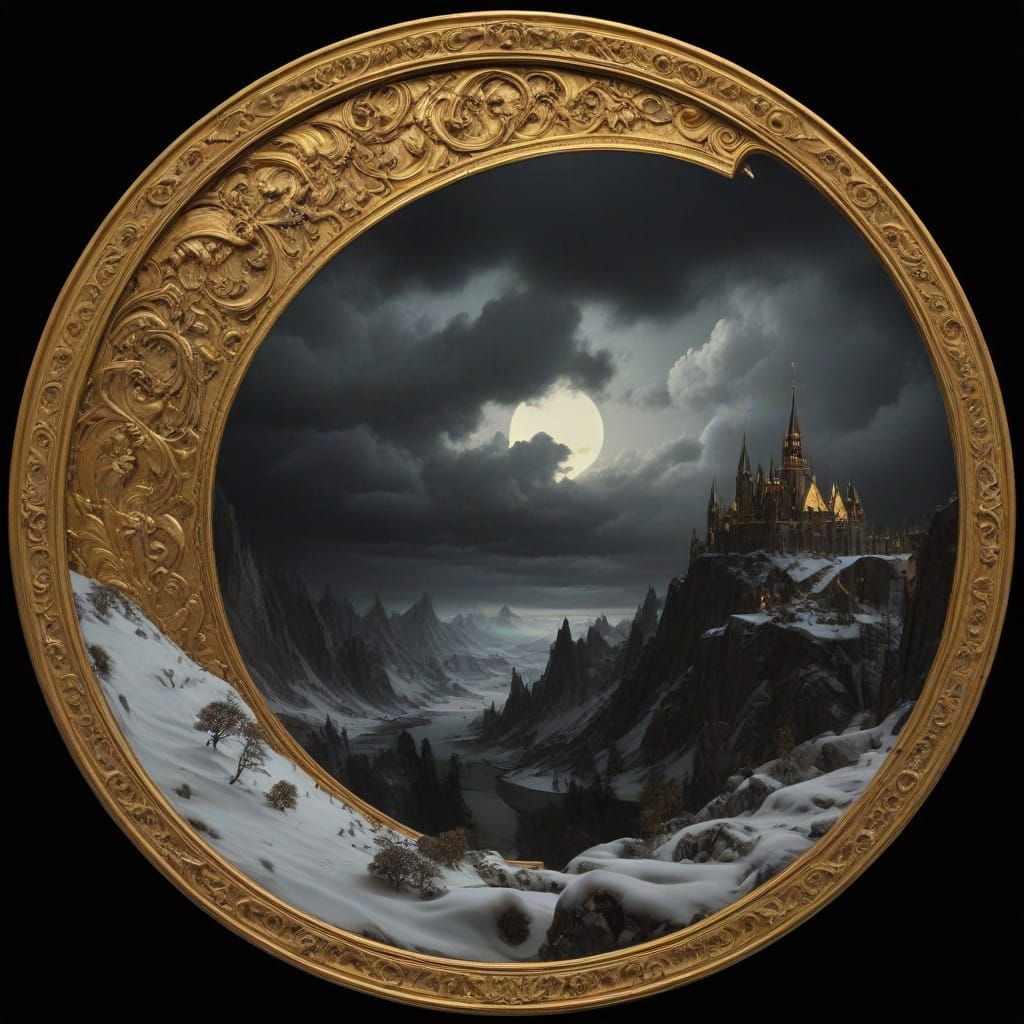 Gothic Artwork with Golden Details and Dark Mood