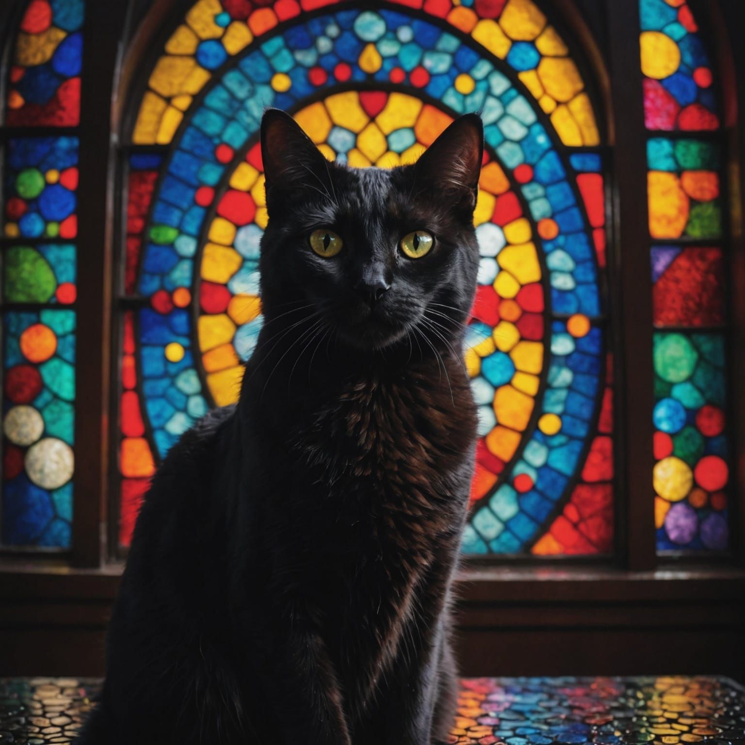 Black Cat and Rainbow Stained Glass: Cinematic Still