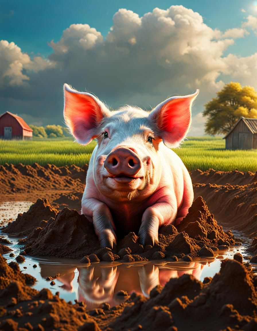 Happy Pig in Mud: Detailed Matte Painting