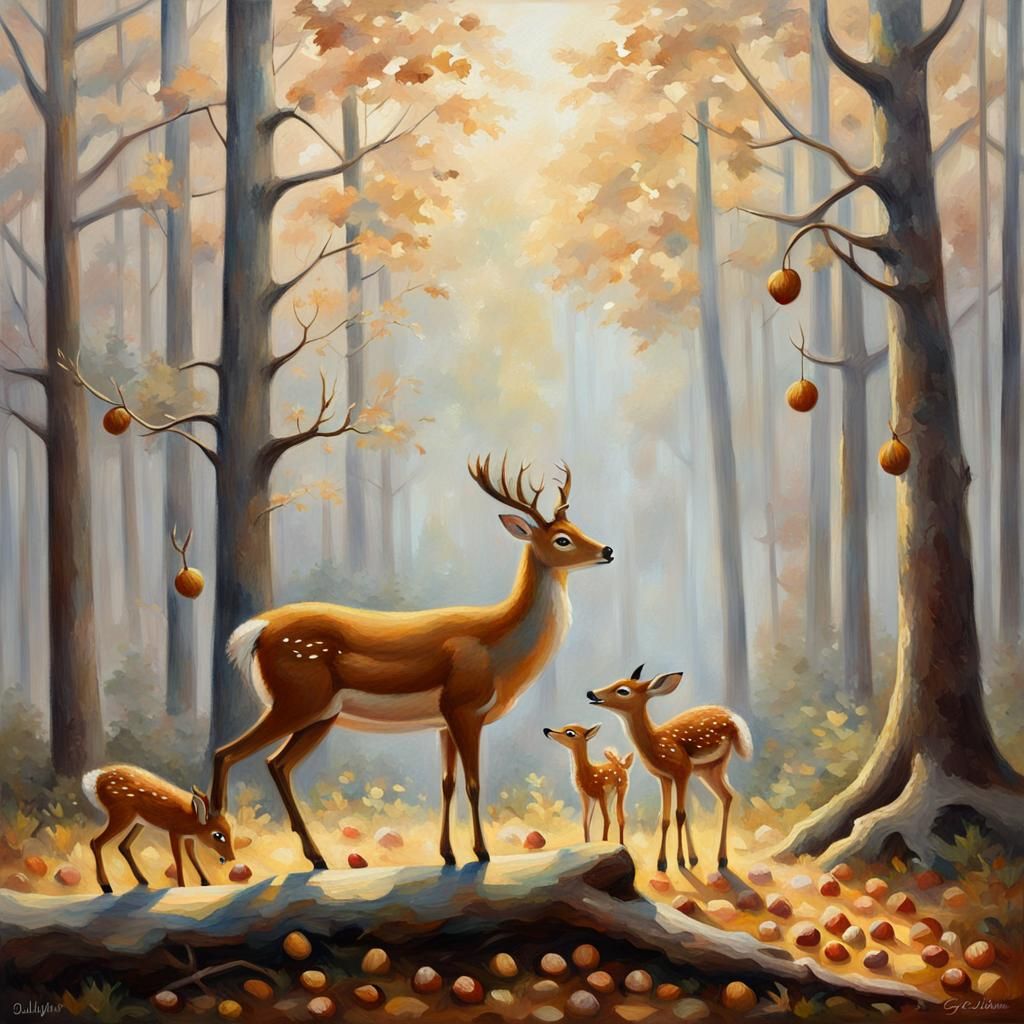 Pointillist Oil Painting: Deer Family and Birdsong