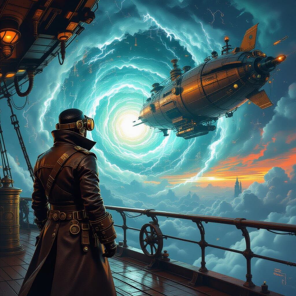 Picture a steampunk airship captain standing proudly on the ...