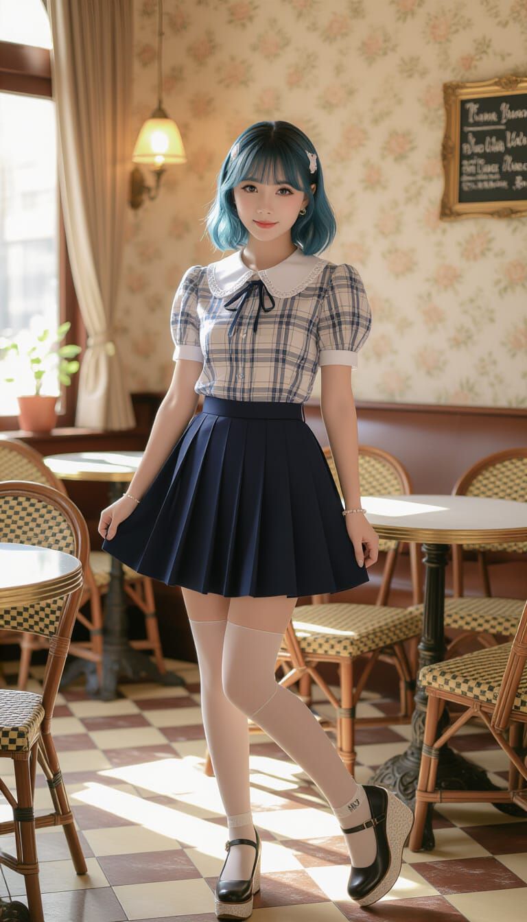 Blue-Haired Woman in French Cafe: Hyperrealistic Photo