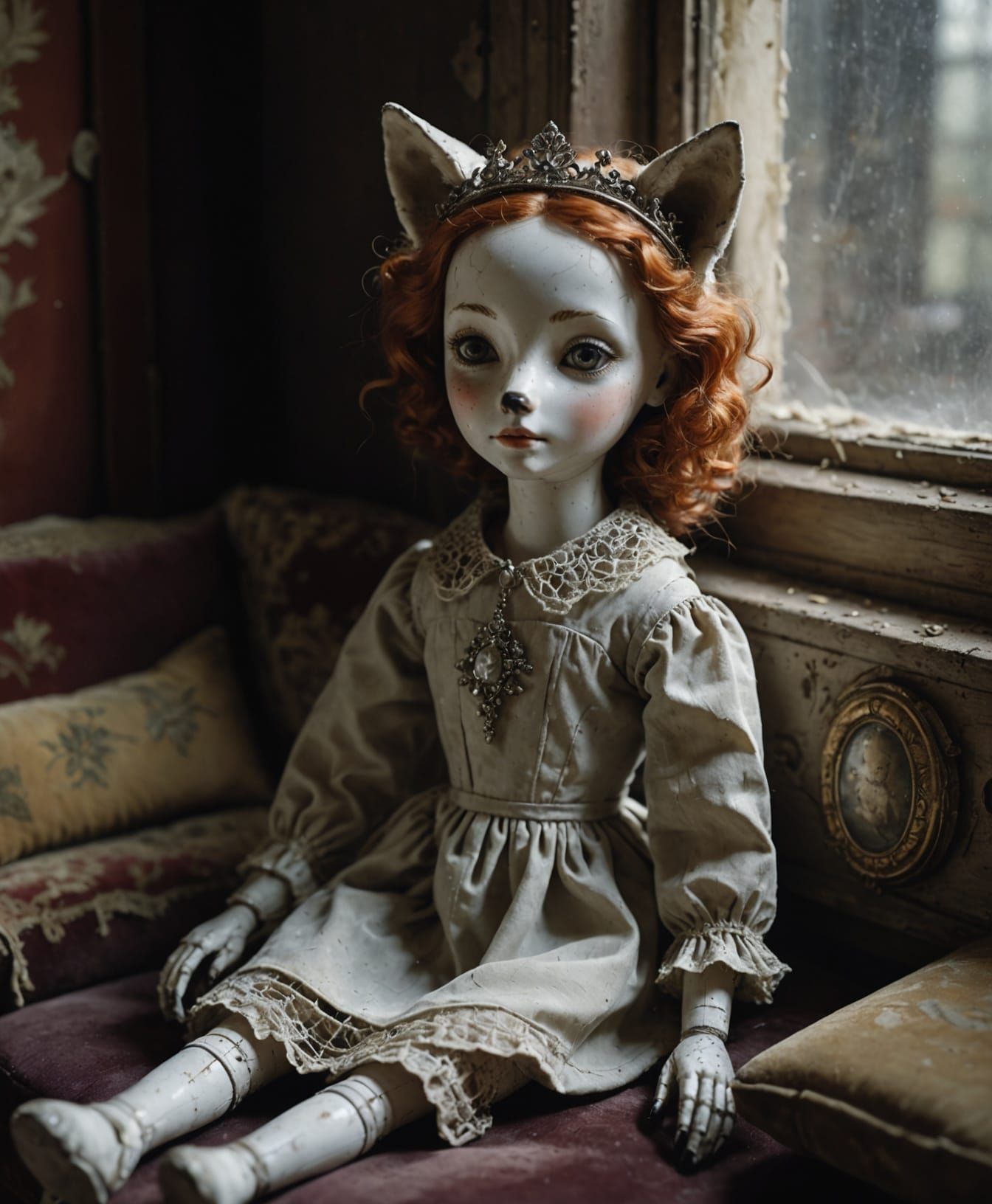 Gothic Porcelain Fox Doll in Dusty Attic