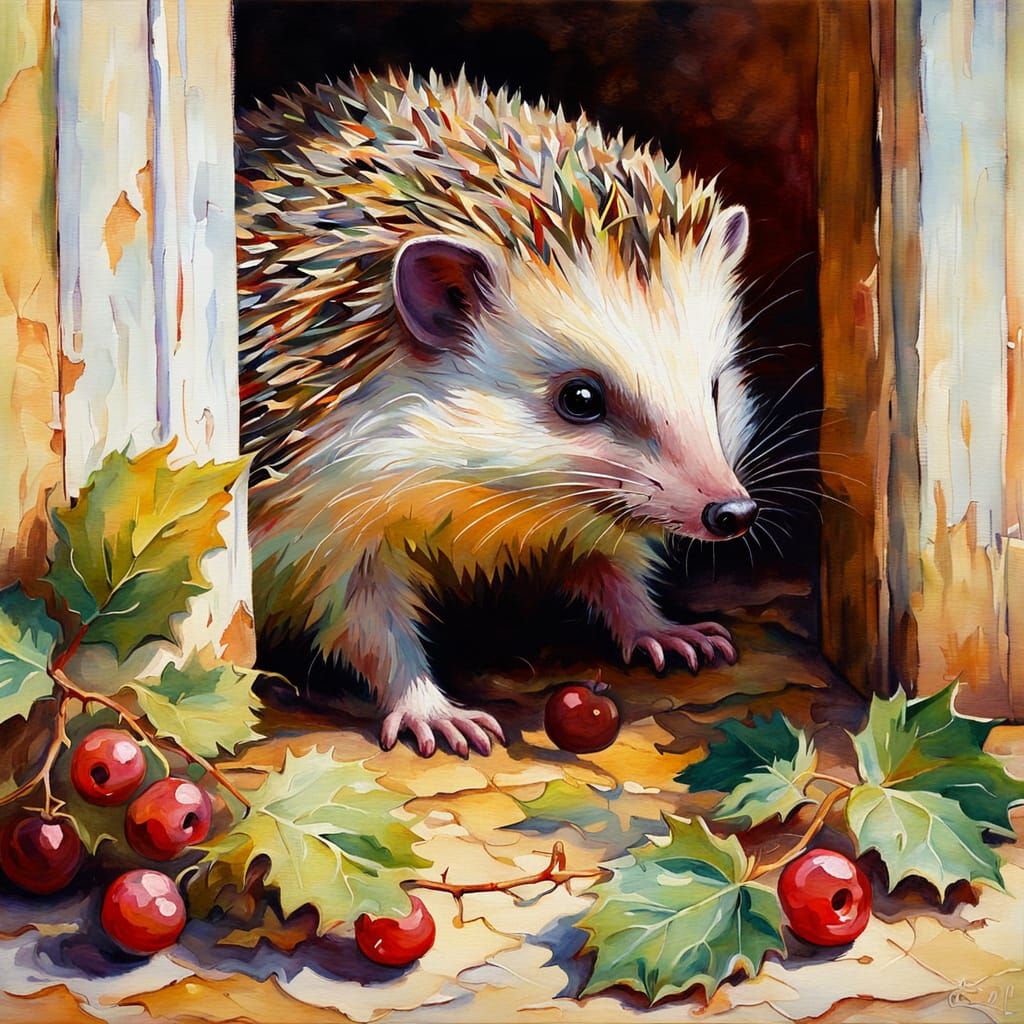 Hedgehog and Berry: An Impressionist Oil Painting