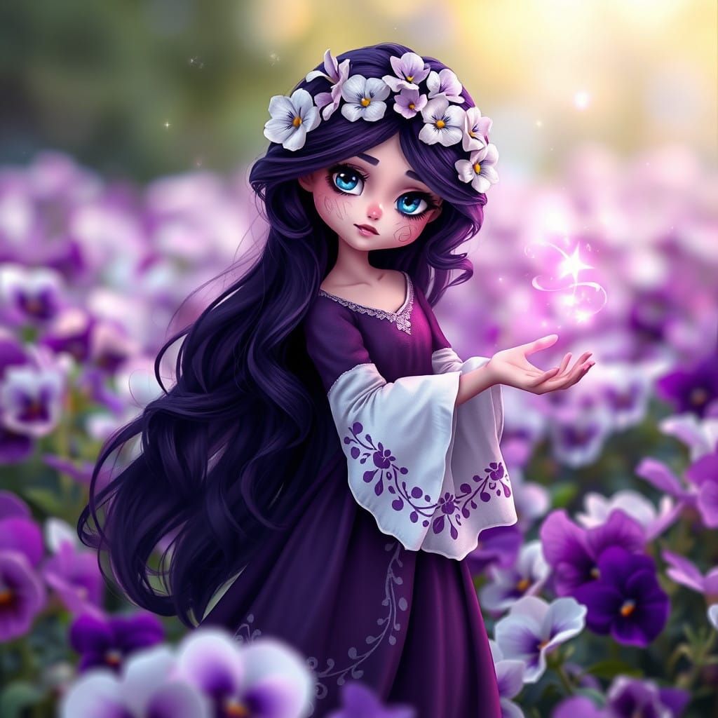 Whimsical Fae Amidst Vibrant Pansy Flowers in Purple and Whi...