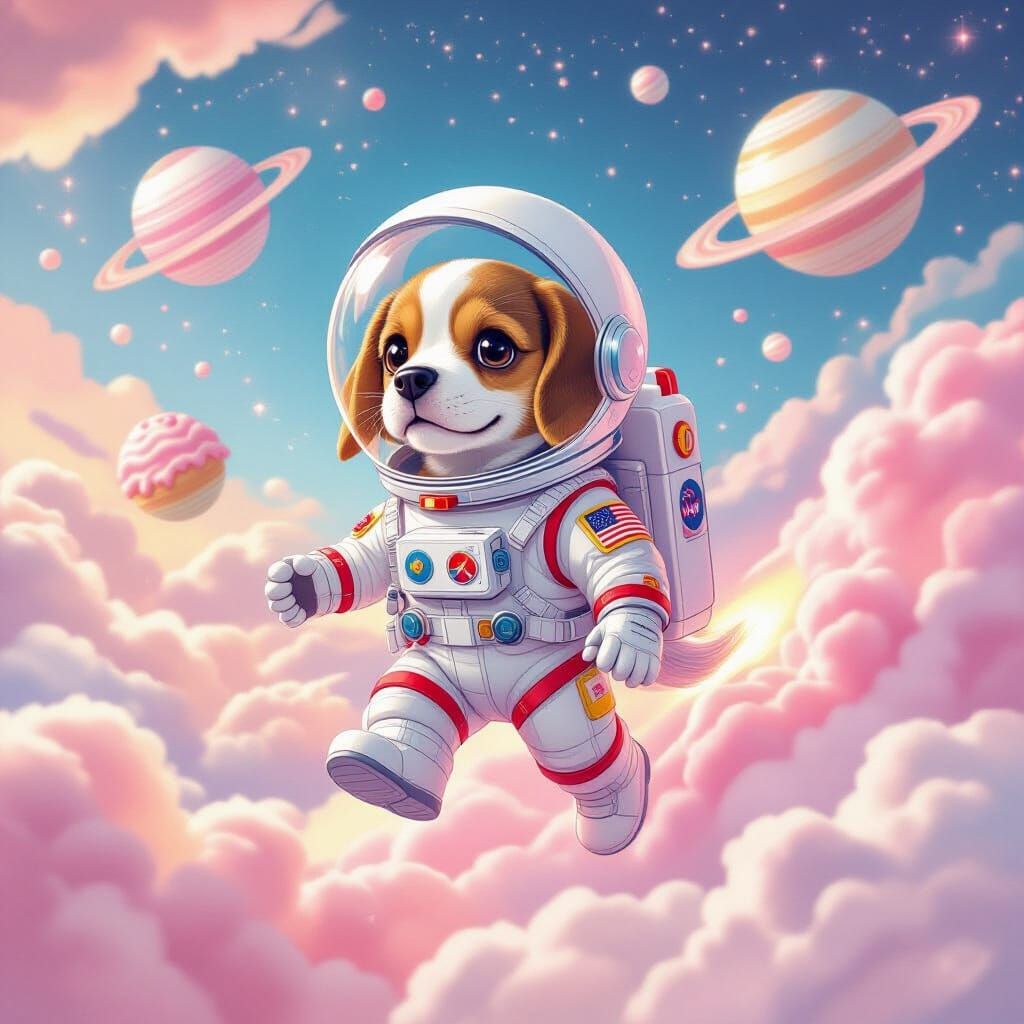 Beagle Astronaut Drifting Through Candy Nebula