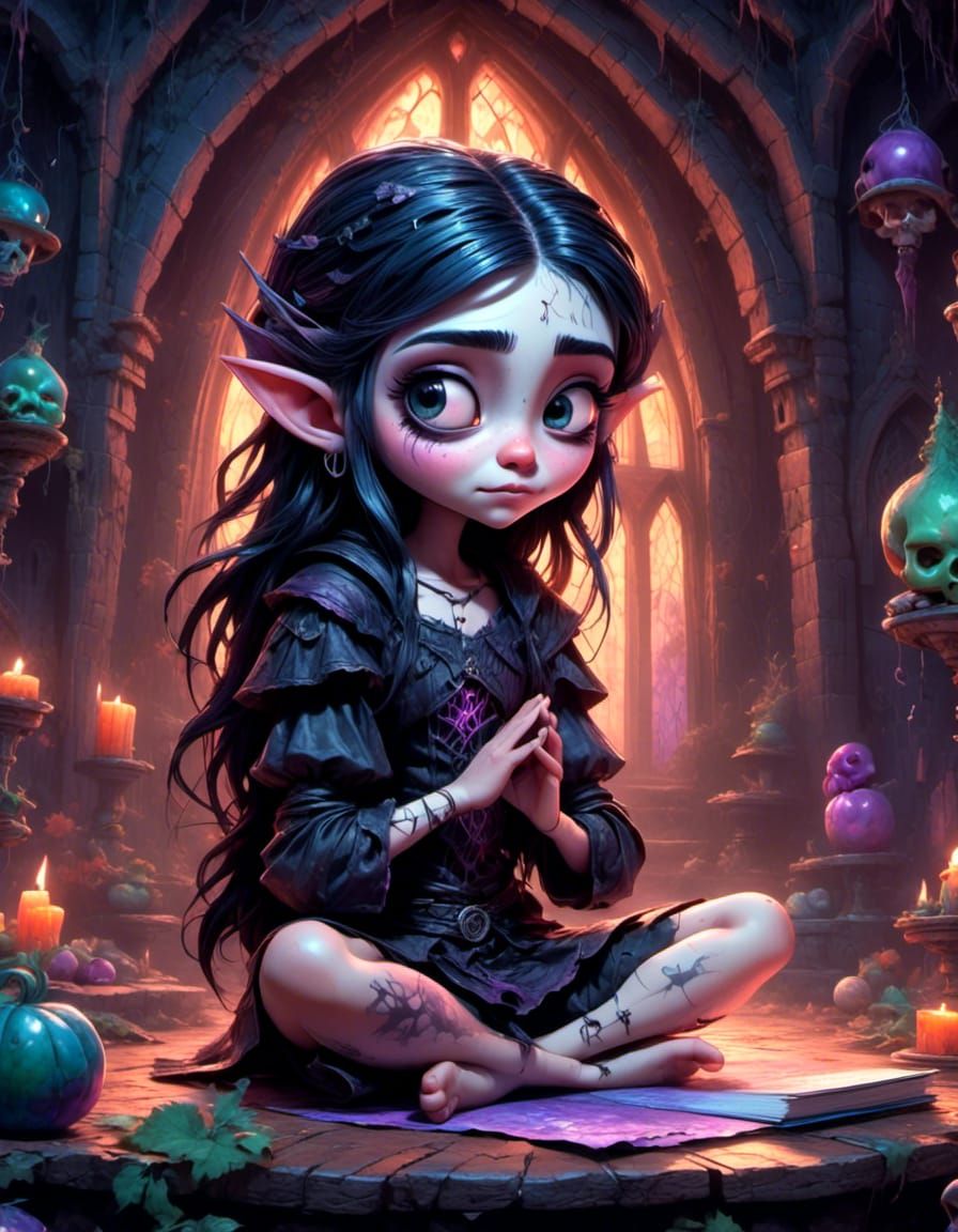Cute Goth Elf Yoga in Gothic Horror Setting