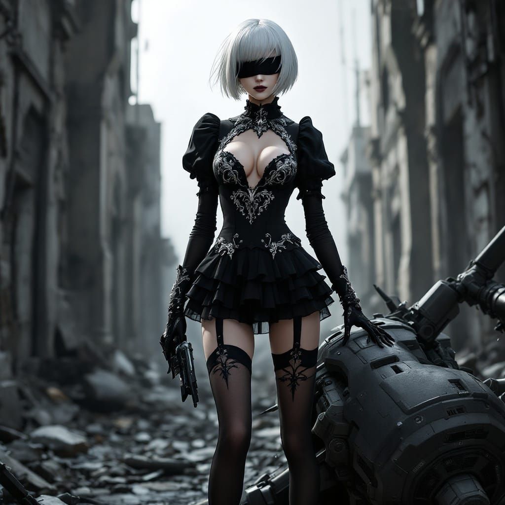 Cyberpunk Warrior 2B Stands Poised in Ruins