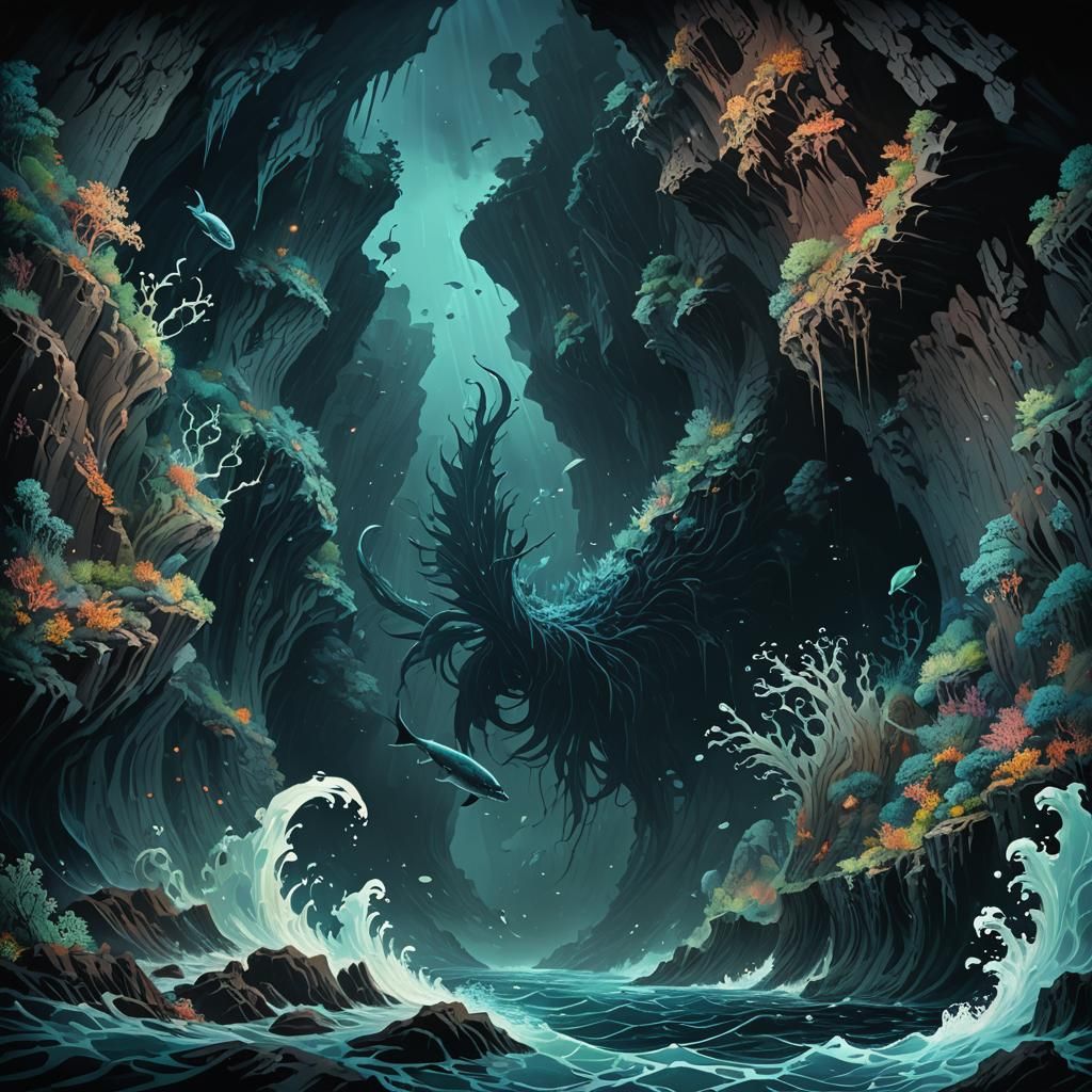 Colossal Sea Creature in Bioluminescent Abyss