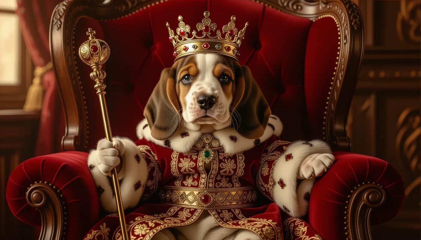 Baby Basset Hound King in Velvet Armchair