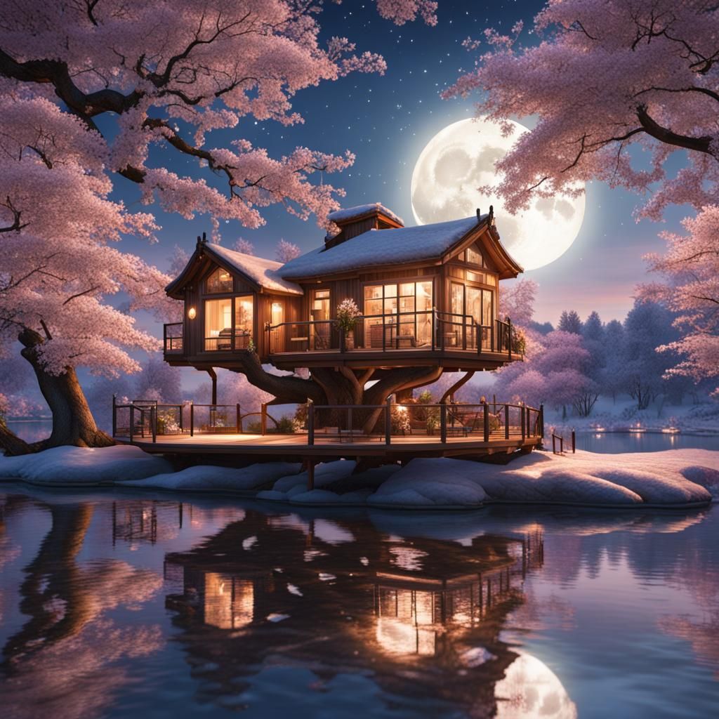 Cherry Tree Treehouse Under Full Moon