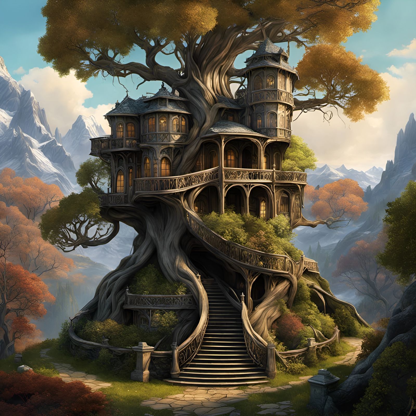 Middle Earth Mansion in Majestic Leafless Tree