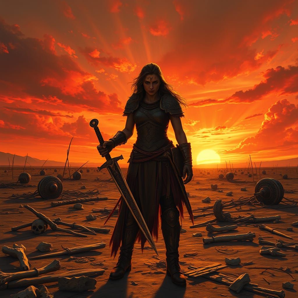 Warrior Woman Silhouetted Against Blood-Red Sunset