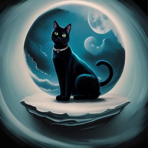 Black Cat Under Moon in Surreal Pastel Art