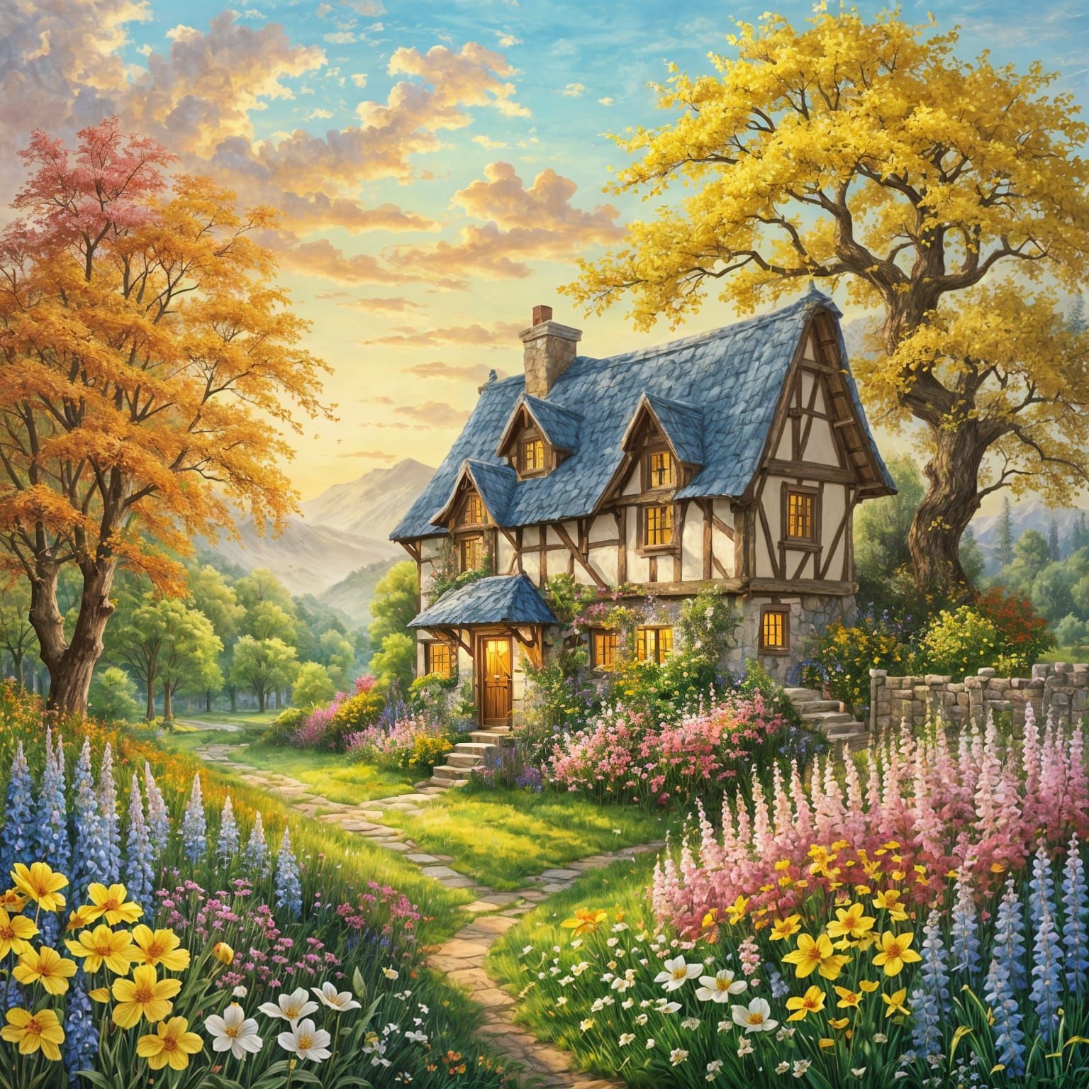 Medieval Cottage in Springtime Meadow