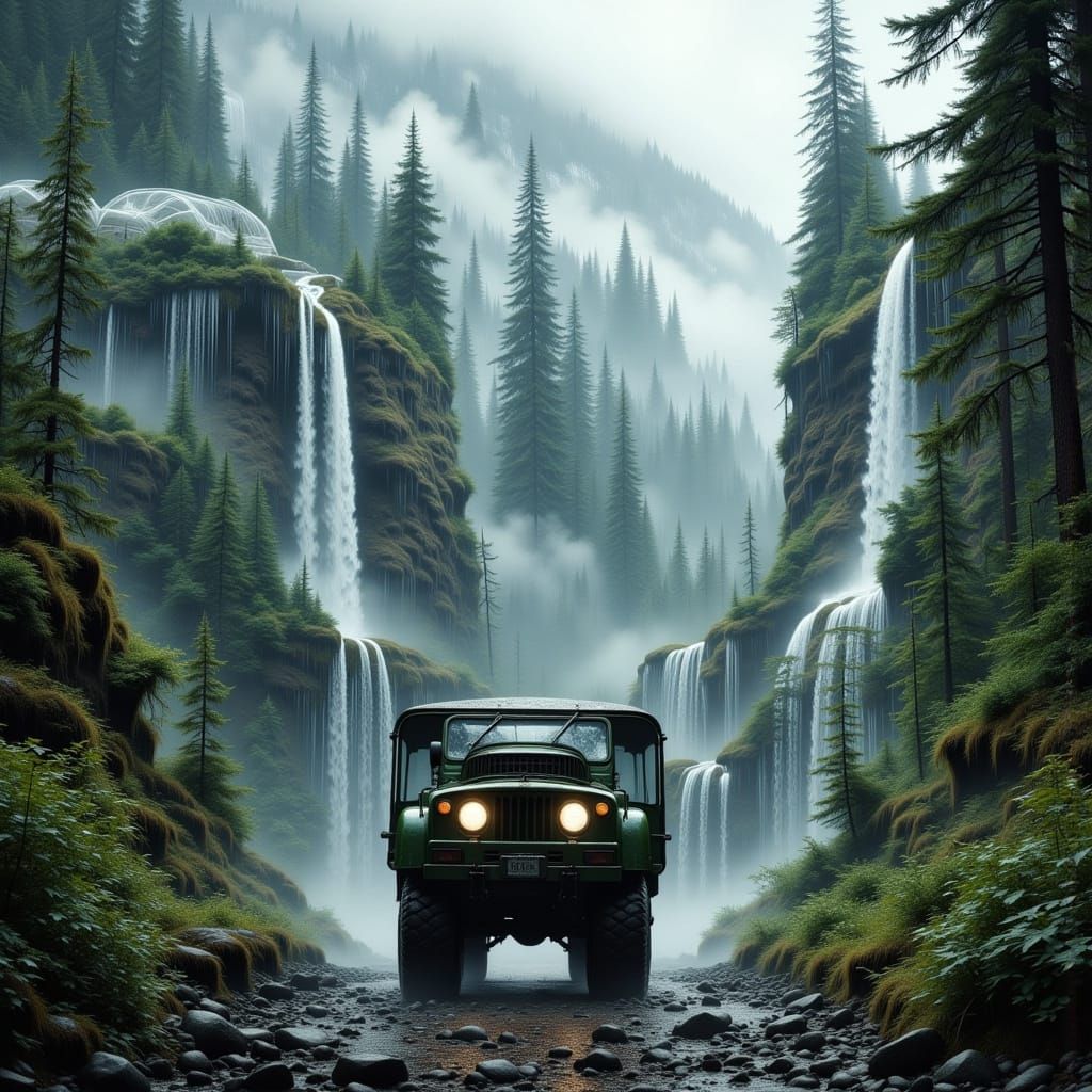 Expedition Vehicle in Greenhouse City with Waterfalls
