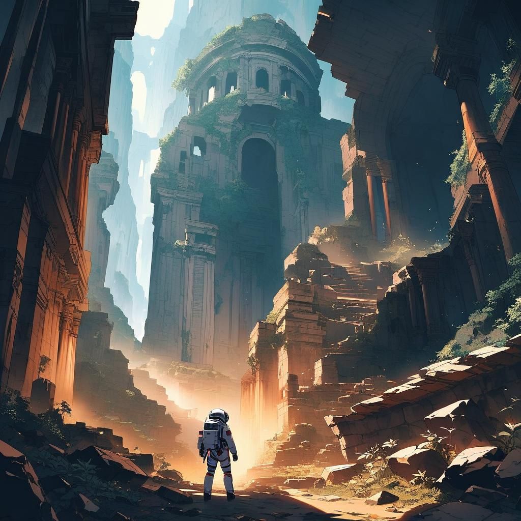 An astronaut exploring ancient ruins