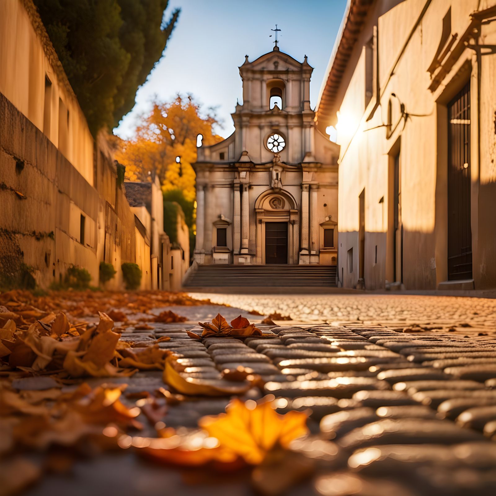 Sicilian Village Street with Church in Autumn