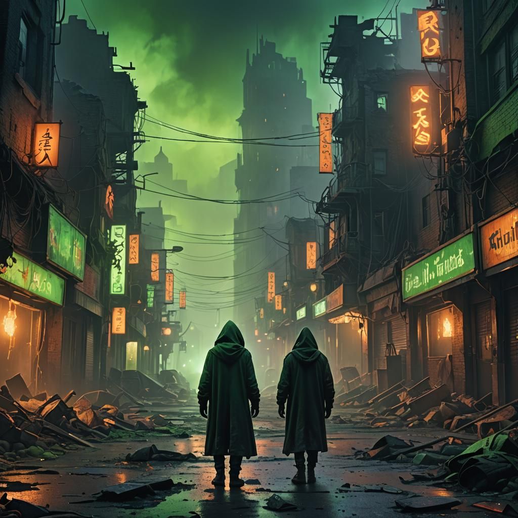 Hooded Figure in Fog-Shrouded Ruined City